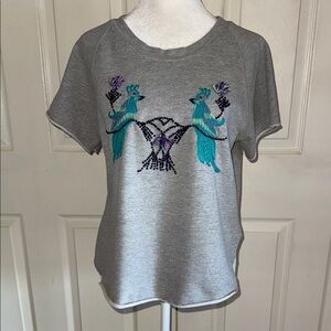 Banjanan Gray Embroidered Peacock Short Sleeve Raw Curved Hem Top